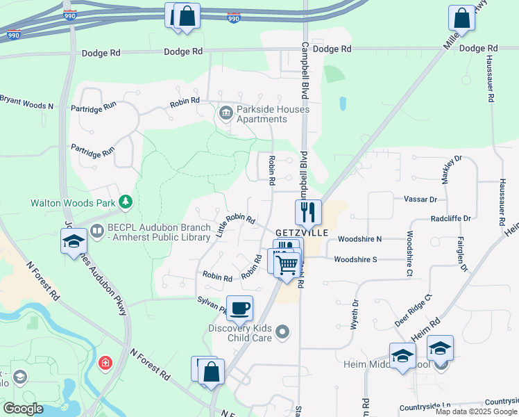 map of restaurants, bars, coffee shops, grocery stores, and more near 302-332 Little Robin Road in Buffalo