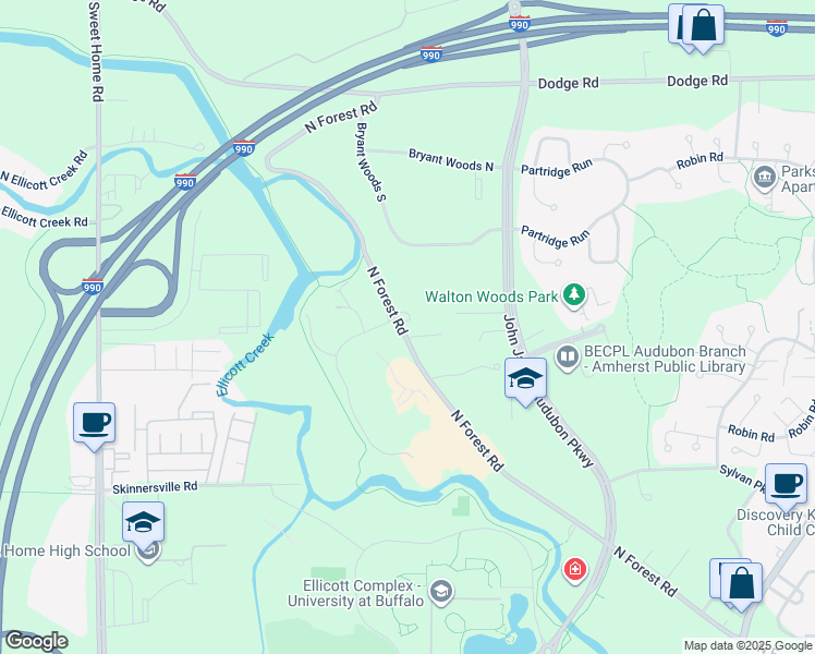map of restaurants, bars, coffee shops, grocery stores, and more near 2791 North Forest Road in Getzville
