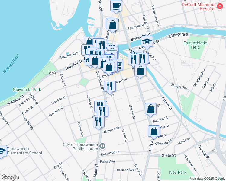 map of restaurants, bars, coffee shops, grocery stores, and more near 116 Fletcher Street in Tonawanda