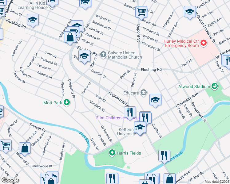 map of restaurants, bars, coffee shops, grocery stores, and more near 820 North Chevrolet Avenue in Flint