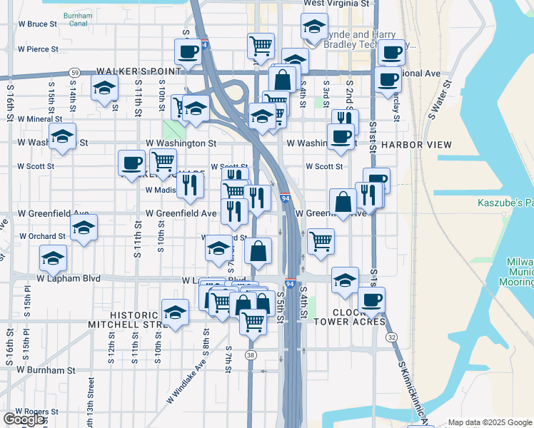 map of restaurants, bars, coffee shops, grocery stores, and more near in Milwaukee