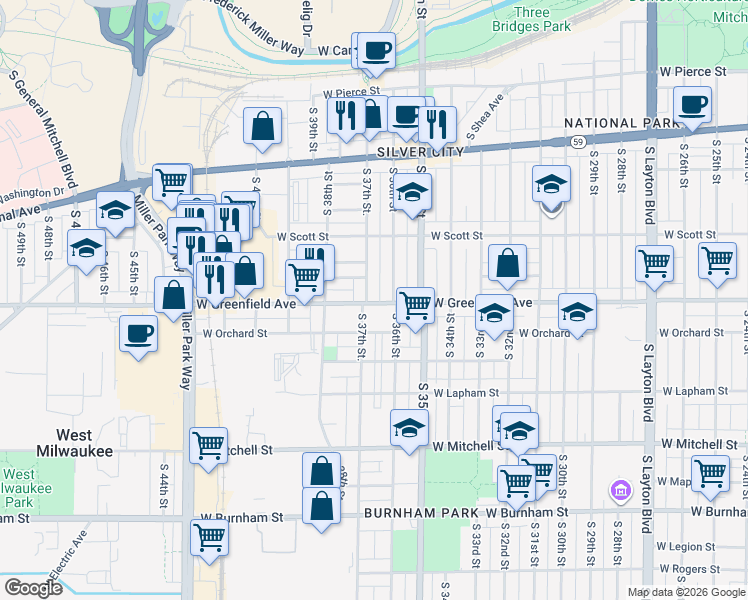 map of restaurants, bars, coffee shops, grocery stores, and more near 1326 South 37th Street in Milwaukee