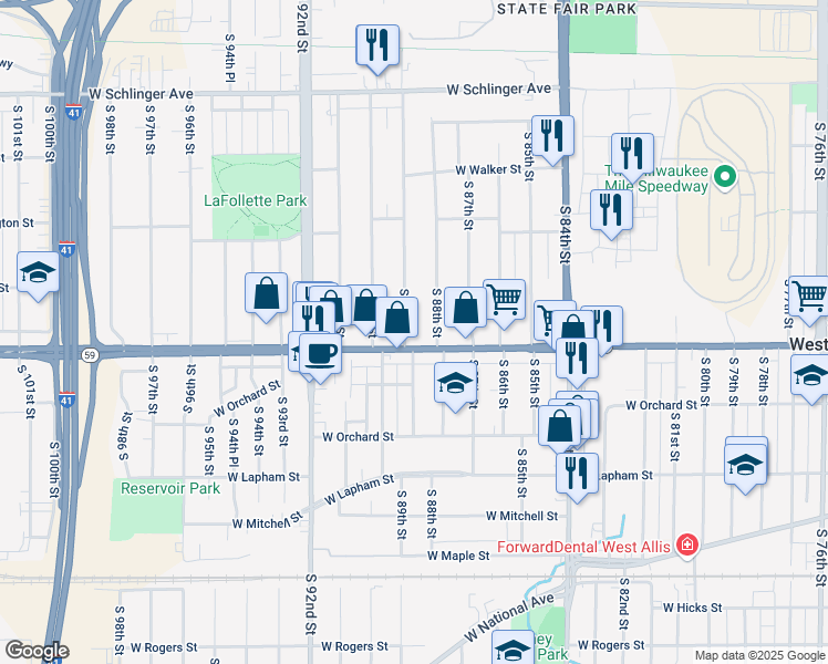 map of restaurants, bars, coffee shops, grocery stores, and more near 1360 South 89th Street in West Allis