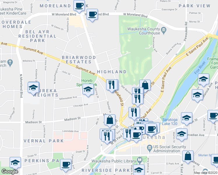map of restaurants, bars, coffee shops, grocery stores, and more near 400 Delafield Street in Waukesha