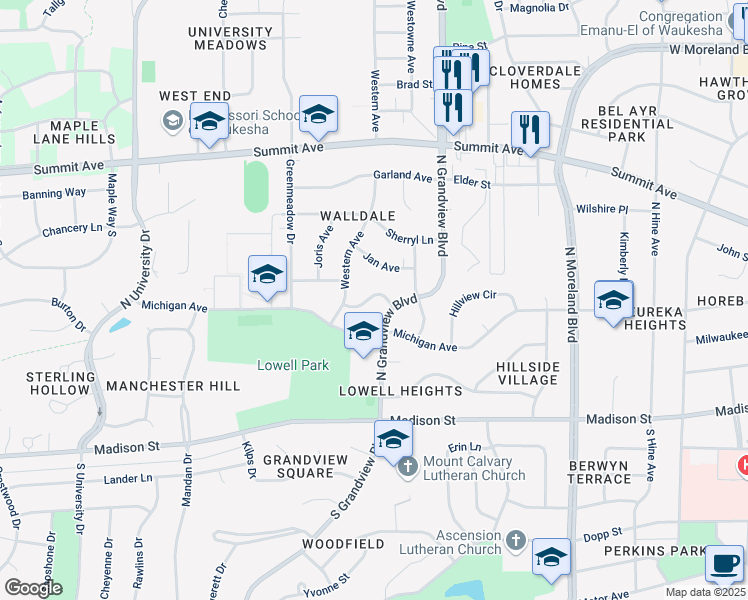 map of restaurants, bars, coffee shops, grocery stores, and more near 1963 Cascade Drive in Waukesha
