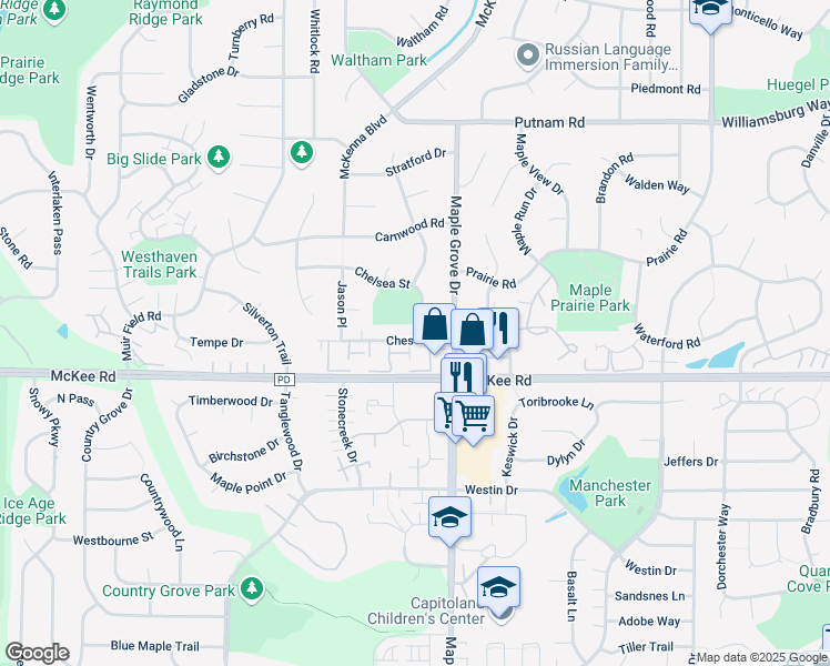 map of restaurants, bars, coffee shops, grocery stores, and more near 6822 Chester Drive in Madison
