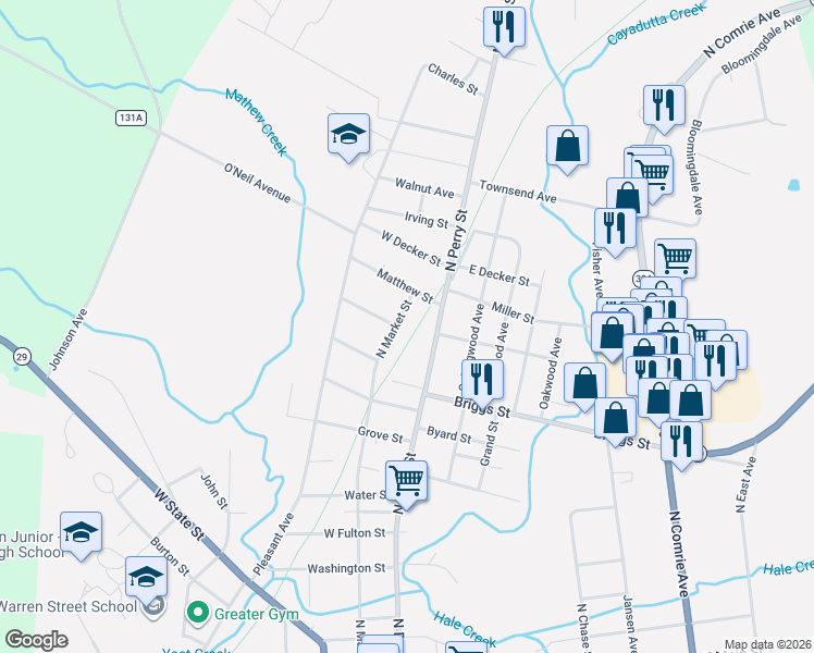 map of restaurants, bars, coffee shops, grocery stores, and more near 527 North Market Street in Johnstown