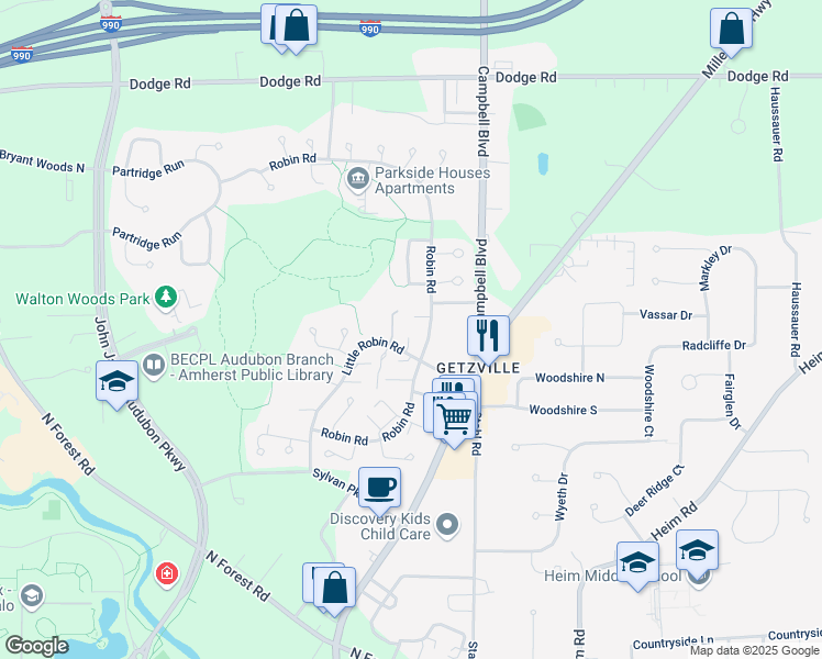 map of restaurants, bars, coffee shops, grocery stores, and more near 302-332 Little Robin Road in Buffalo