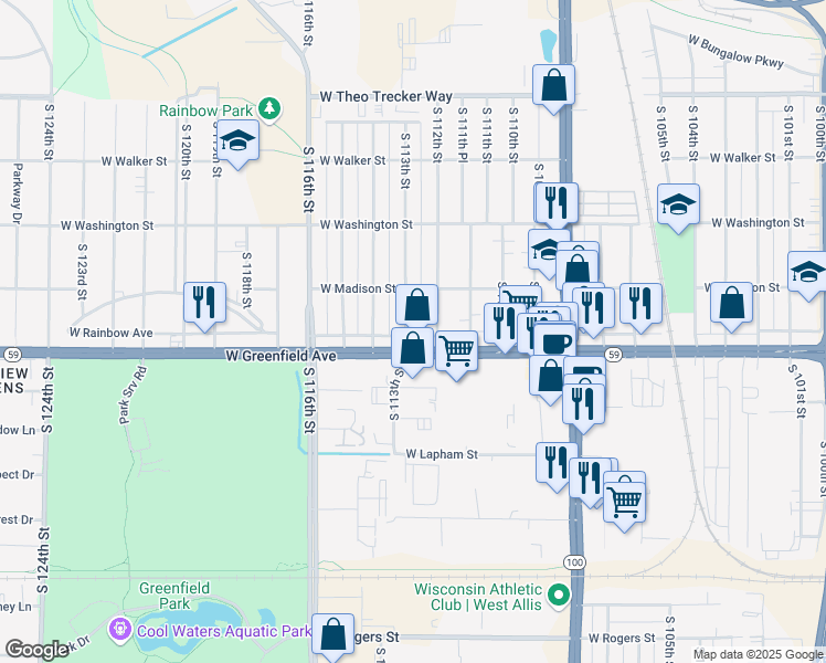 map of restaurants, bars, coffee shops, grocery stores, and more near 1354 South 113th Street in West Allis
