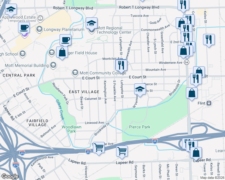 map of restaurants, bars, coffee shops, grocery stores, and more near 1006 South Franklin Avenue in Flint