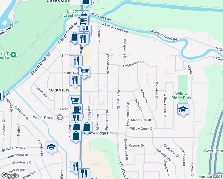 map of restaurants, bars, coffee shops, grocery stores, and more near 169 Tanglewood Drive in Buffalo