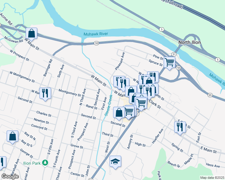 map of restaurants, bars, coffee shops, grocery stores, and more near 128 W Main St in Ilion