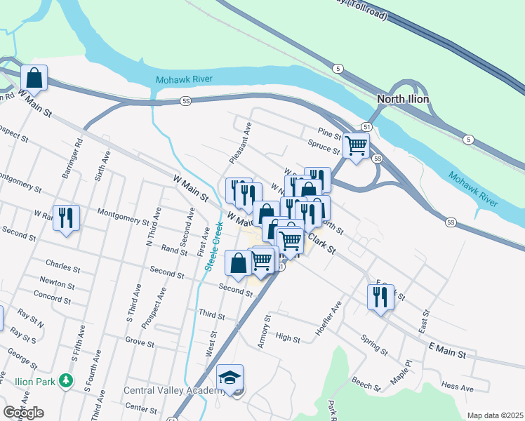 map of restaurants, bars, coffee shops, grocery stores, and more near 53 West Clark Street in Ilion