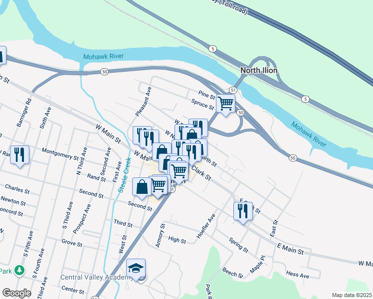 map of restaurants, bars, coffee shops, grocery stores, and more near 61 Central Avenue in Ilion