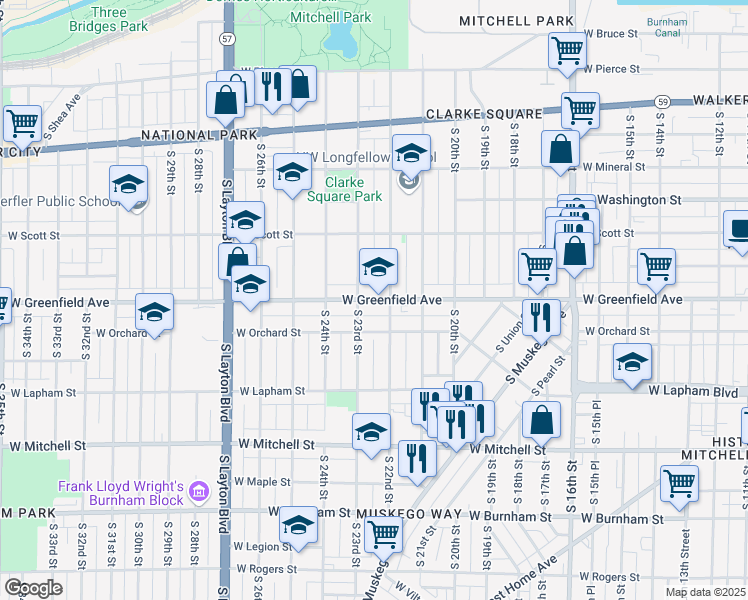 map of restaurants, bars, coffee shops, grocery stores, and more near 2235 West Greenfield Avenue in Milwaukee