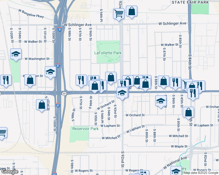 map of restaurants, bars, coffee shops, grocery stores, and more near 9330 West Greenfield Avenue in West Allis