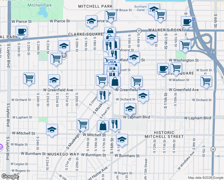 map of restaurants, bars, coffee shops, grocery stores, and more near W Greenfield Ave & S Cesar E Chavez Dr in Milwaukee