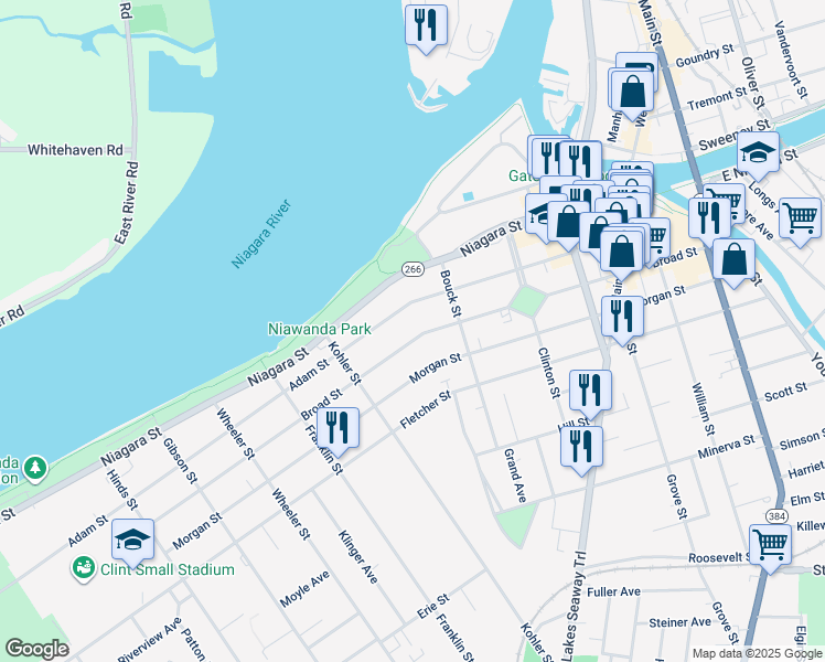 map of restaurants, bars, coffee shops, grocery stores, and more near 286 Broad Street in Tonawanda