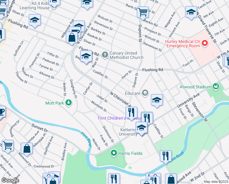 map of restaurants, bars, coffee shops, grocery stores, and more near 820 North Chevrolet Avenue in Flint