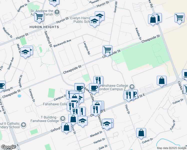 map of restaurants, bars, coffee shops, grocery stores, and more near 389 Fleming Drive in London