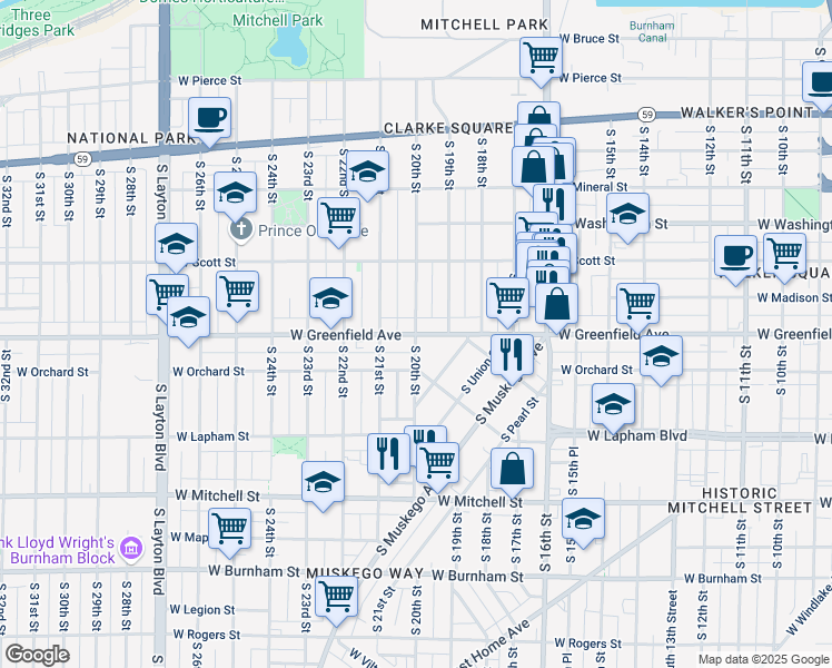 map of restaurants, bars, coffee shops, grocery stores, and more near W Greenfield Ave & S 20th St in Milwaukee