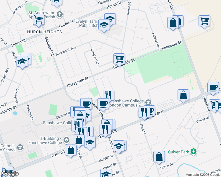 map of restaurants, bars, coffee shops, grocery stores, and more near 282 Fleming Drive in London
