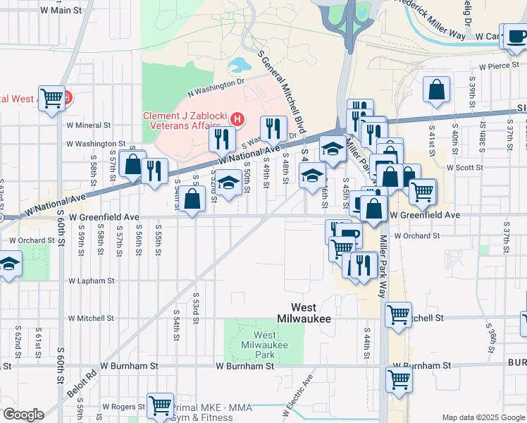 map of restaurants, bars, coffee shops, grocery stores, and more near 1339 South 49th Street in West Milwaukee