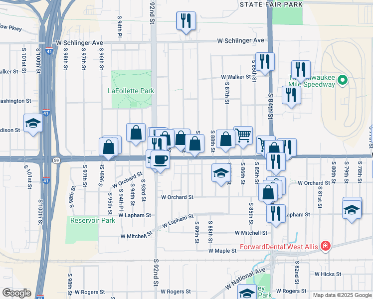 map of restaurants, bars, coffee shops, grocery stores, and more near 1362 South 90th Street in West Allis