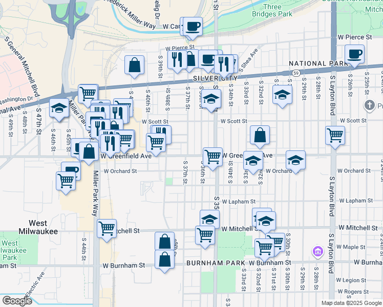map of restaurants, bars, coffee shops, grocery stores, and more near 1326 South 37th Street in Milwaukee