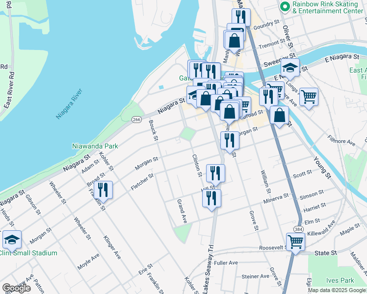 map of restaurants, bars, coffee shops, grocery stores, and more near 80 Clinton Street in Tonawanda
