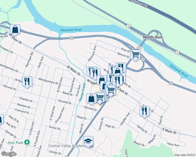 map of restaurants, bars, coffee shops, grocery stores, and more near 53 W Clark St in Ilion