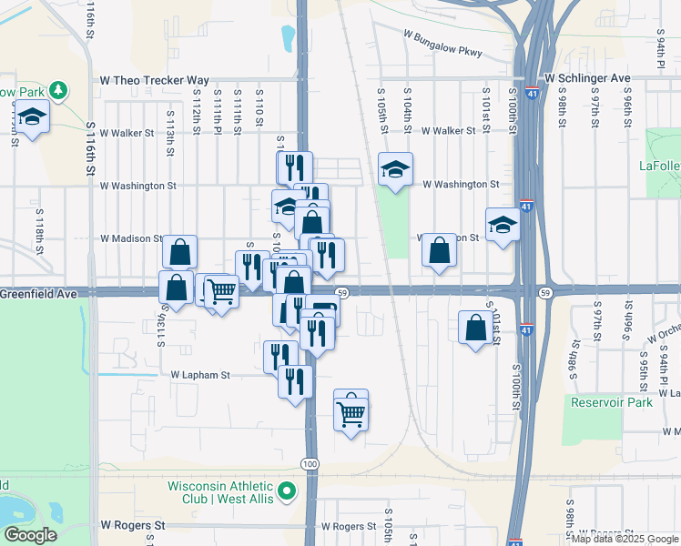 map of restaurants, bars, coffee shops, grocery stores, and more near 1356 South 107th Street in West Allis
