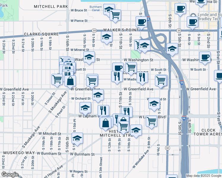 map of restaurants, bars, coffee shops, grocery stores, and more near W Greenfield Ave & S 12th St in Milwaukee