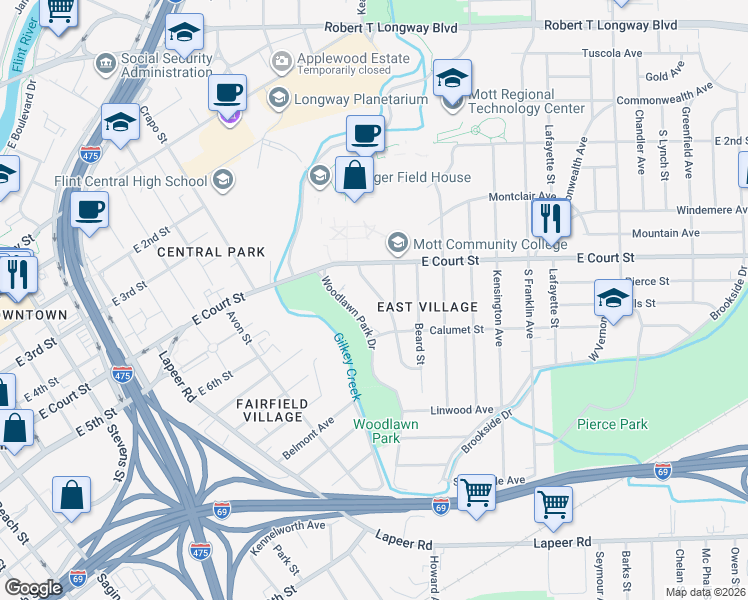 map of restaurants, bars, coffee shops, grocery stores, and more near 1008 Woodside Drive in Flint
