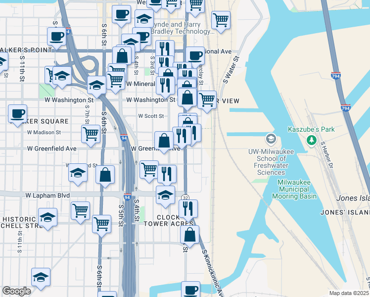 map of restaurants, bars, coffee shops, grocery stores, and more near 100 East Greenfield Avenue in Milwaukee