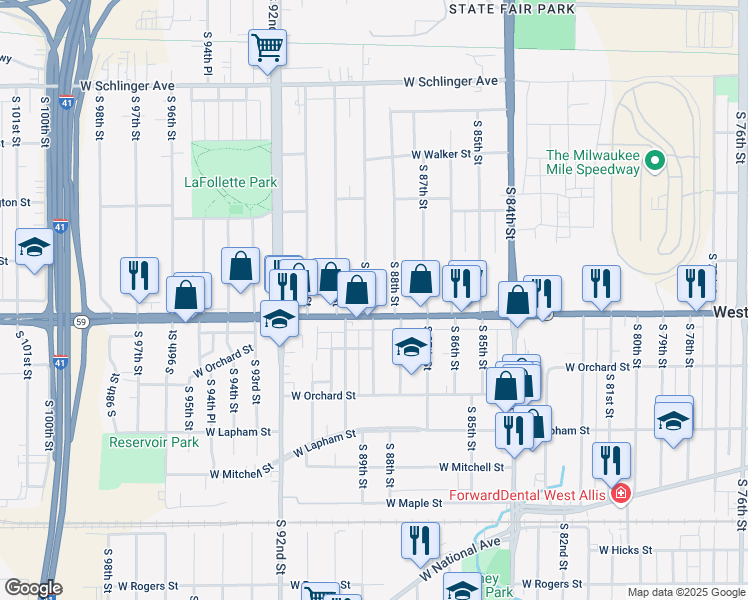 map of restaurants, bars, coffee shops, grocery stores, and more near 1360 South 89th Street in West Allis