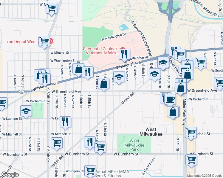 map of restaurants, bars, coffee shops, grocery stores, and more near 5202 West Greenfield Avenue in West Milwaukee
