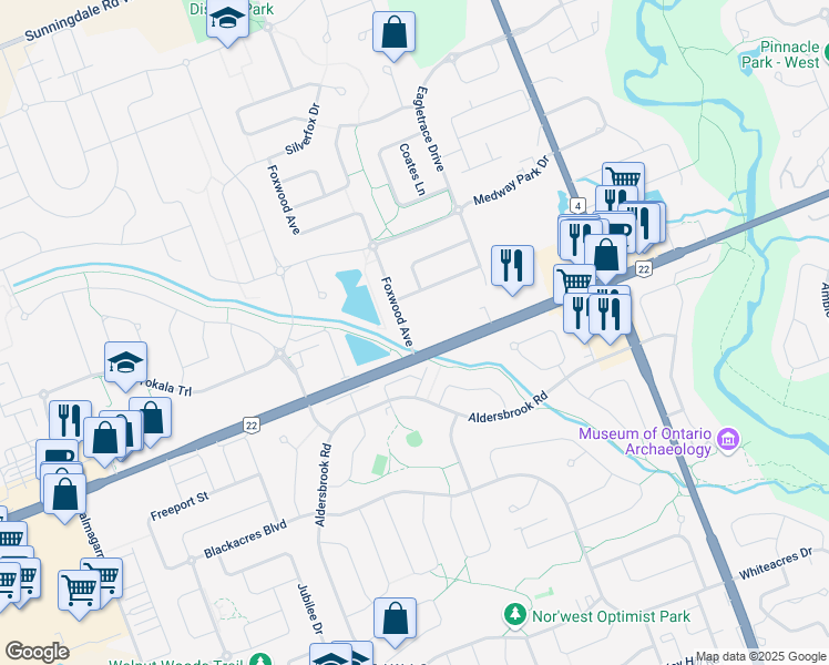 map of restaurants, bars, coffee shops, grocery stores, and more near 1738 Foxwood Avenue in London
