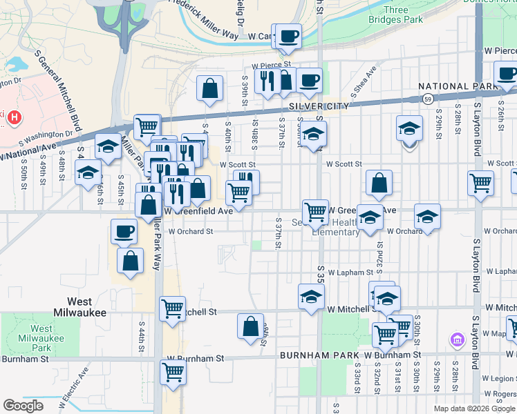 map of restaurants, bars, coffee shops, grocery stores, and more near 3748A West Greenfield Avenue in Milwaukee