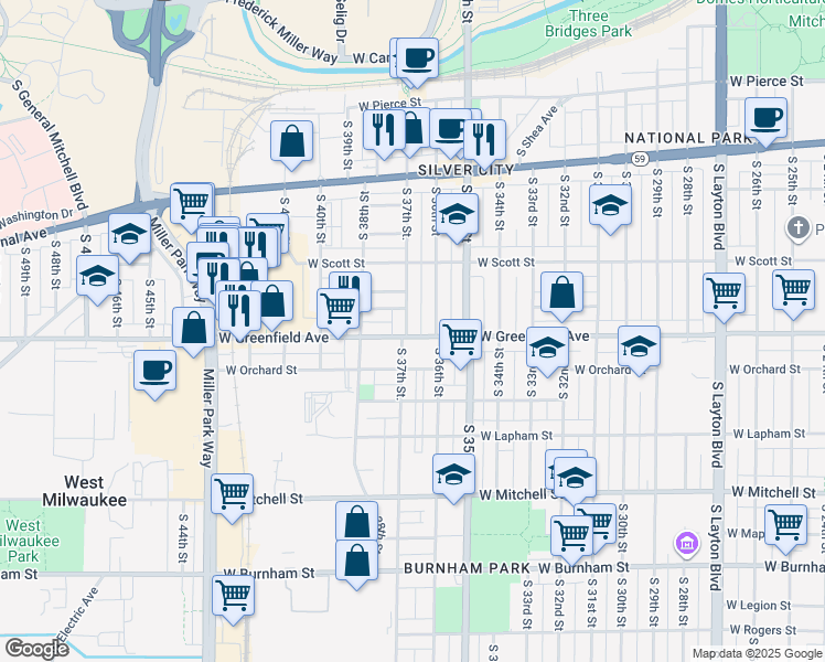 map of restaurants, bars, coffee shops, grocery stores, and more near 1326 South 37th Street in Milwaukee
