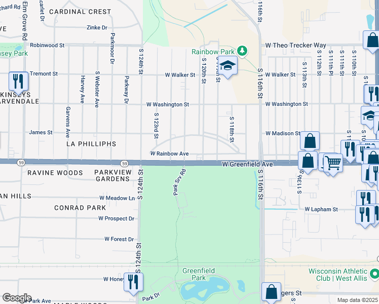 map of restaurants, bars, coffee shops, grocery stores, and more near 1352 South 121st Street in West Allis