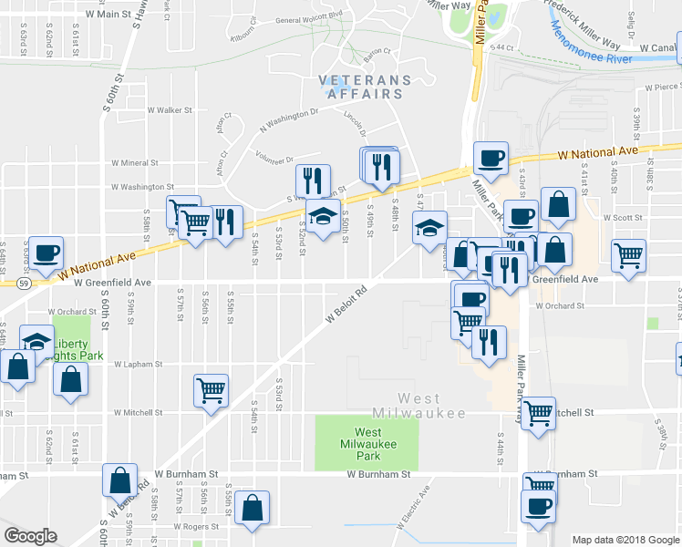 map of restaurants, bars, coffee shops, grocery stores, and more near 5000 West Greenfield Avenue in West Milwaukee