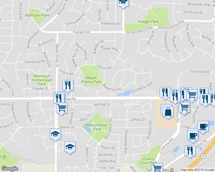 map of restaurants, bars, coffee shops, grocery stores, and more near 6306 Waterford Road in Madison