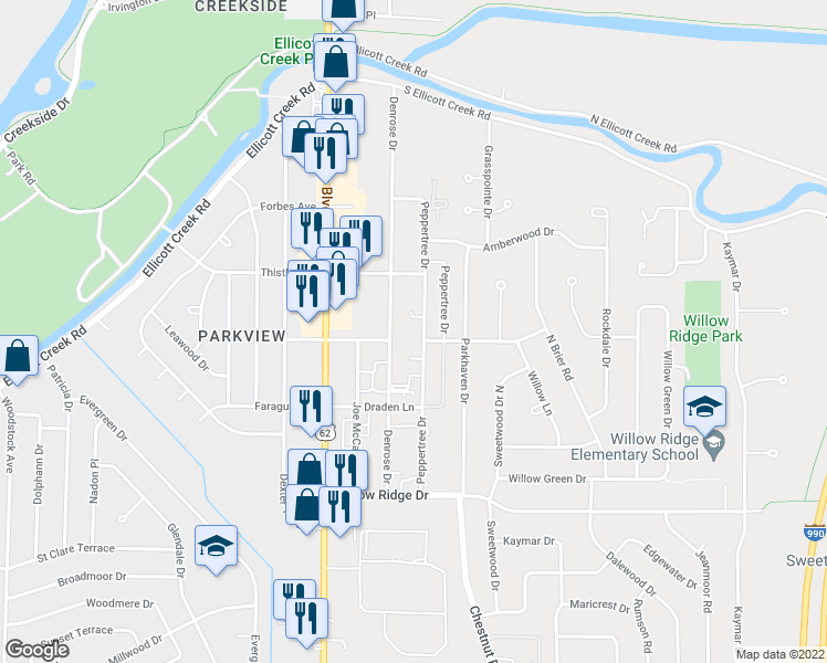 map of restaurants, bars, coffee shops, grocery stores, and more near 174 Peppertree Drive in Buffalo