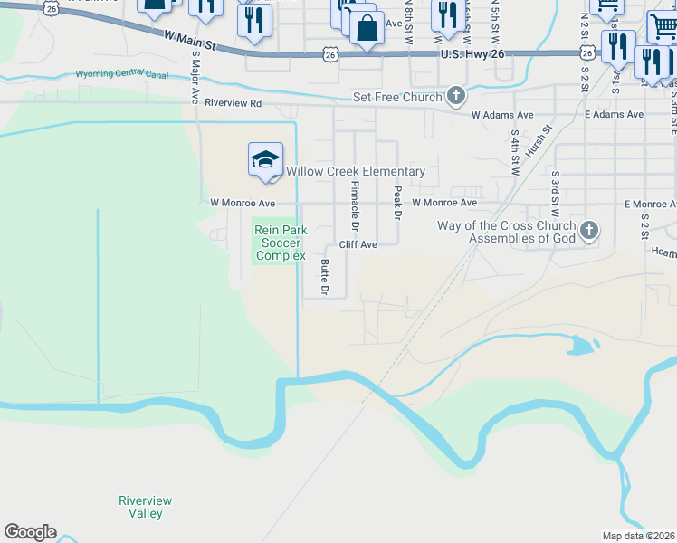 map of restaurants, bars, coffee shops, grocery stores, and more near 810 Tundra Dr in Riverton