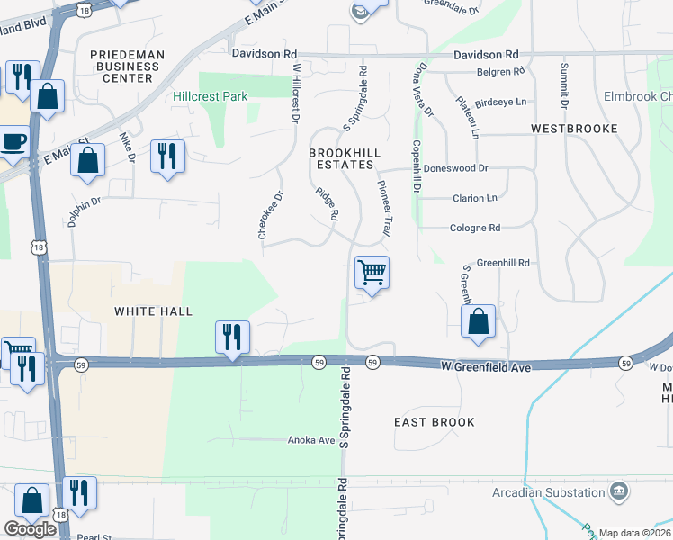 map of restaurants, bars, coffee shops, grocery stores, and more near W220S1417 South Springdale Road in Waukesha