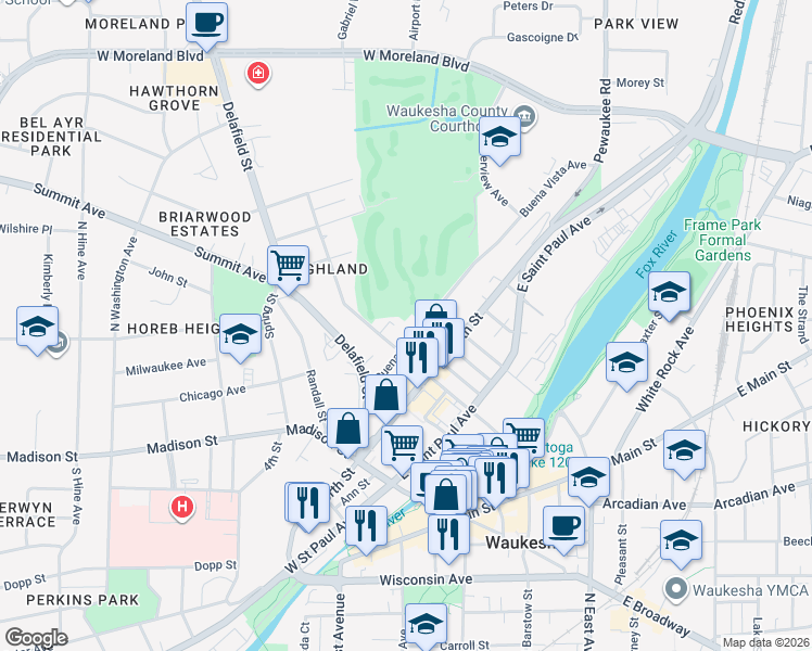 map of restaurants, bars, coffee shops, grocery stores, and more near 423 Northwest Barstow Street in Waukesha