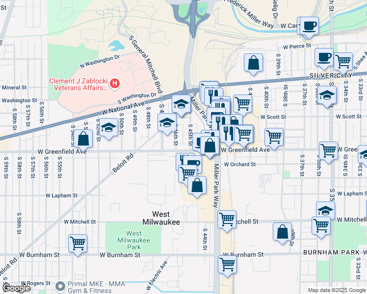 map of restaurants, bars, coffee shops, grocery stores, and more near 4522 West Greenfield Avenue in Milwaukee