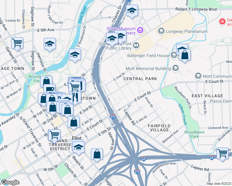 map of restaurants, bars, coffee shops, grocery stores, and more near 612 East 3rd Street in Flint