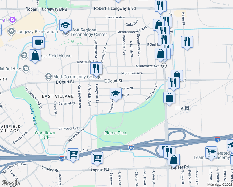 map of restaurants, bars, coffee shops, grocery stores, and more near 2201 Hills Street in Flint